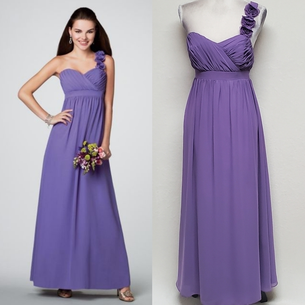 Vintage Alfred Angelo Purple Chiffon Floral One-Shoulder Empire Waist Maxi Dress